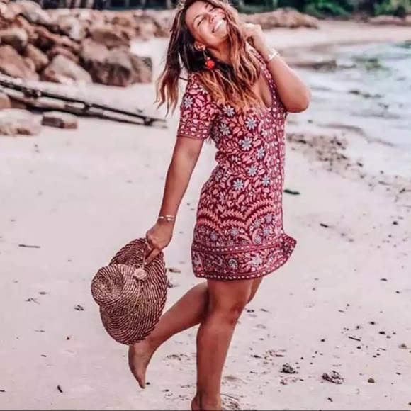 Orange Button Up Boho Floral Gypsy Print Dress - Picture 9 of 9